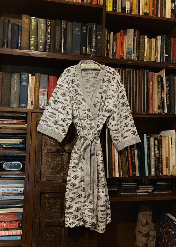 Handprinted Men s Robe Midnight Fish The Almirah Store